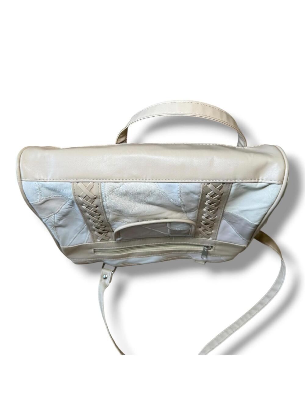 Vintage Patchwork Purse Cream Tan Leather Braided Shoulder Zipper Bag EUC - Picture 4 of 8